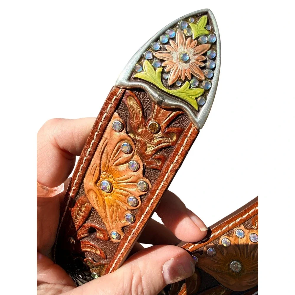 Womens‎ Floral Tooled Leather Western Belt Brown Rhinestone embossed L